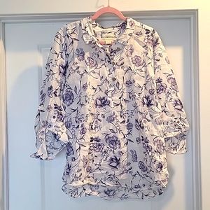 Blue and white floral linen blouse